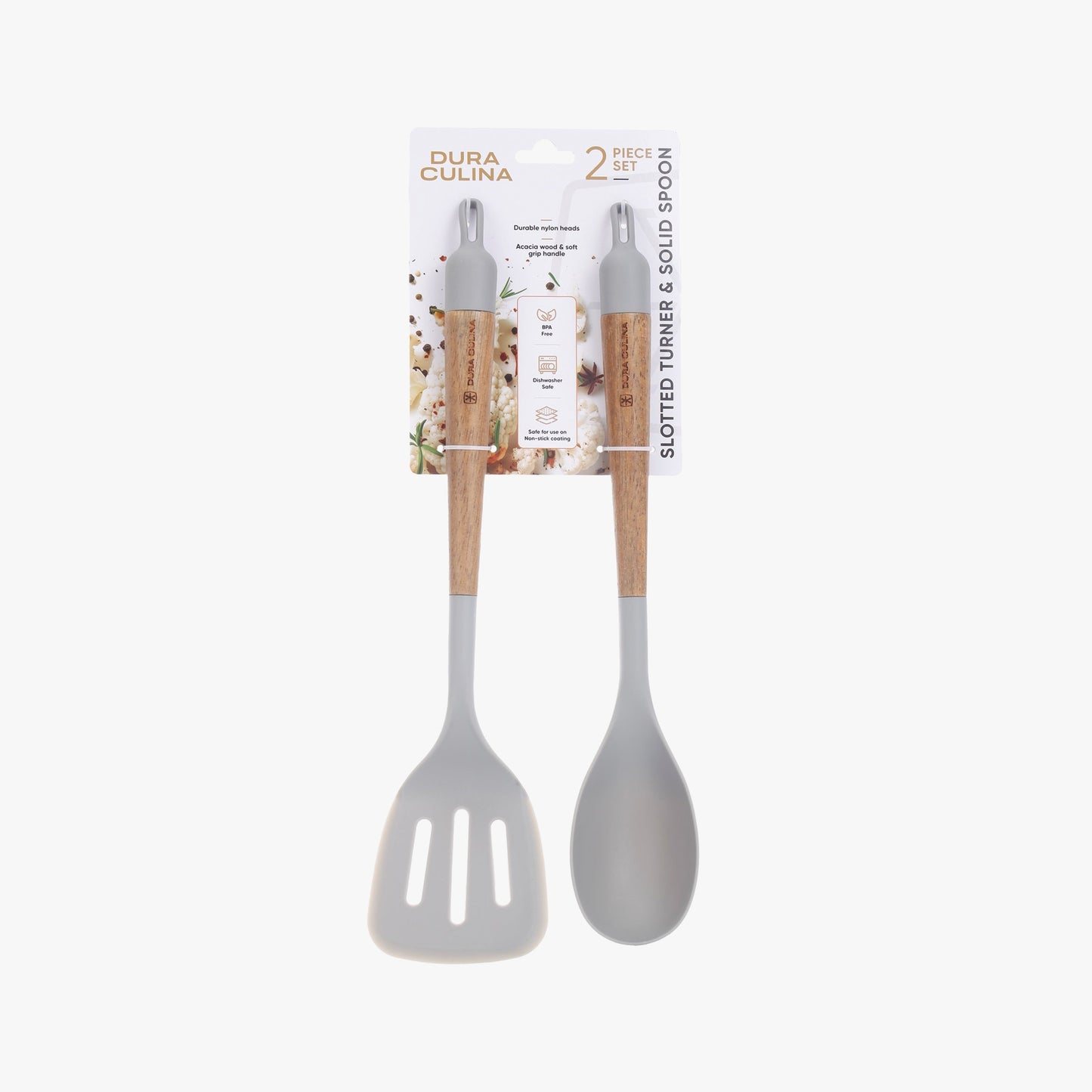 2-Piece Solid Spoon & Slotted Turner Set –Acacia Wood Handles, Non-Stick Safe Nylon Heads, Soft Grip Handles, Heat Resistant - for a premium Southern-style kitchen