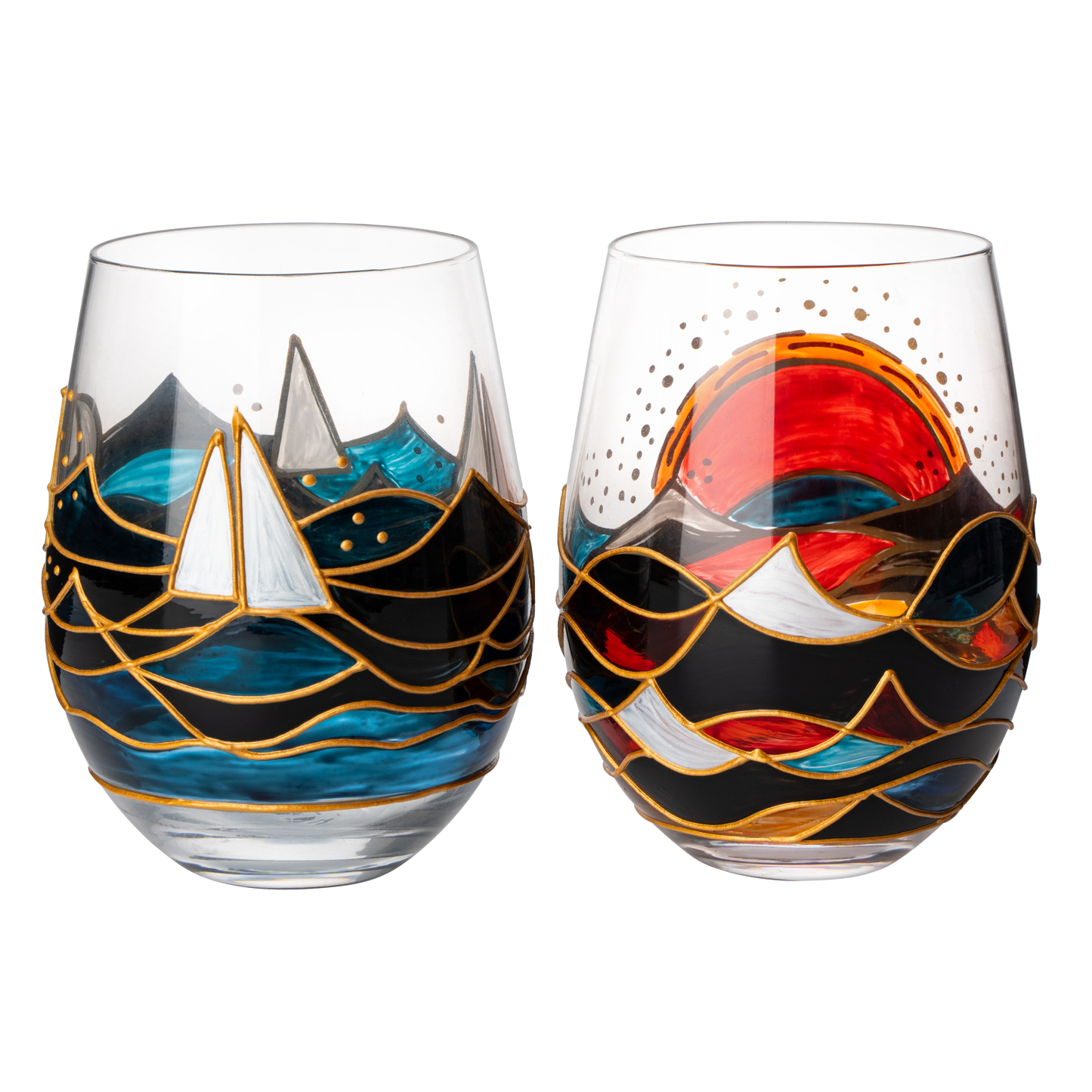 Intricately designed wine glasses with artistic illustrations picturing seaside - with artisanal craftsmanship from Blackwater Express
