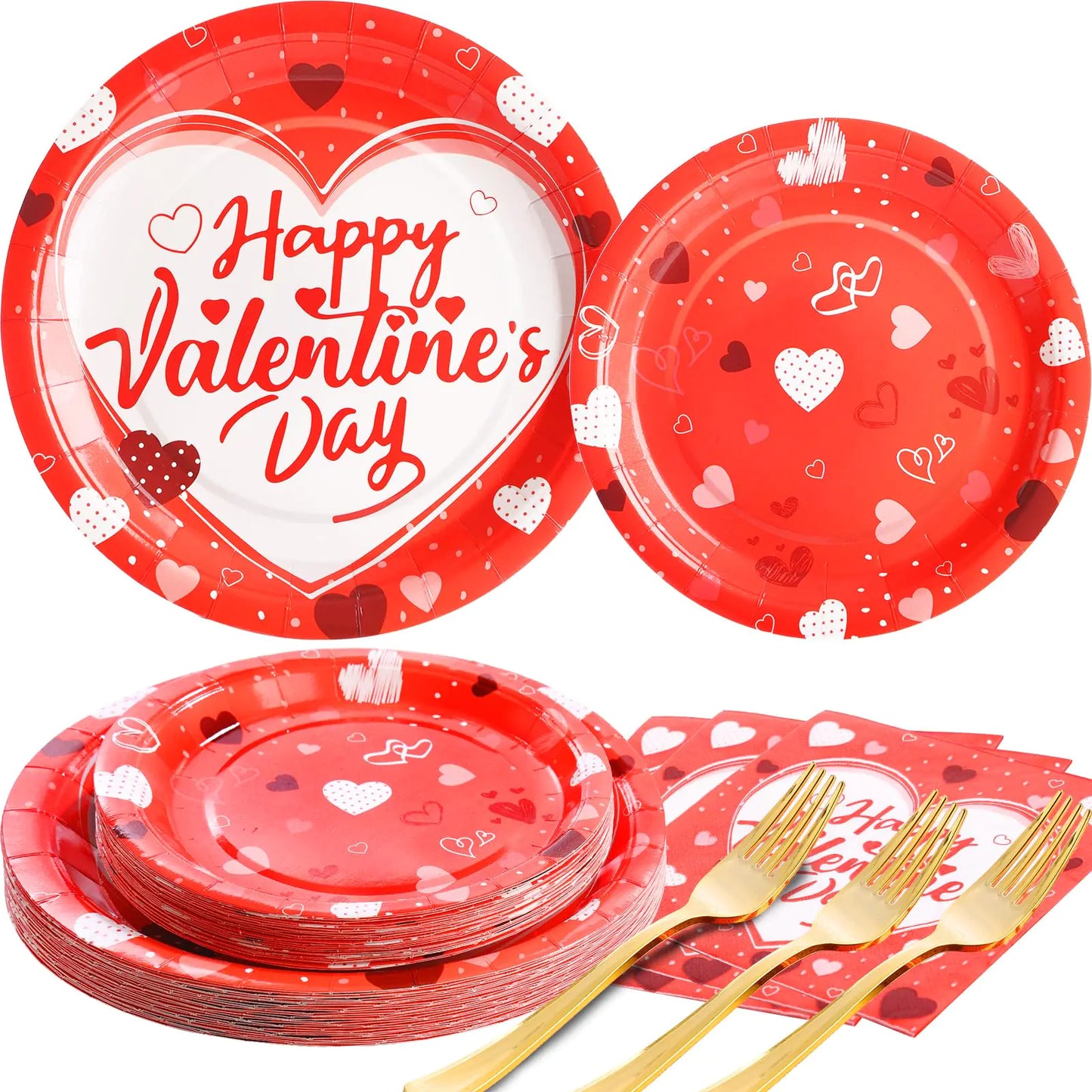 Valentine's Day-themed paper plates with heart designs and 'Happy Valentine's Day' text, accompanied by gold forks on a white background.