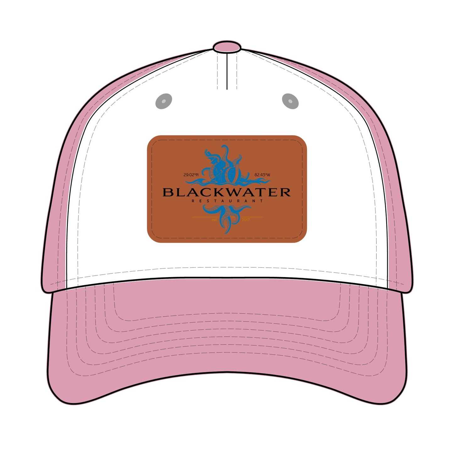 Leather Patch Baseball Cap — "Blackwater" Logo Trucker Hat