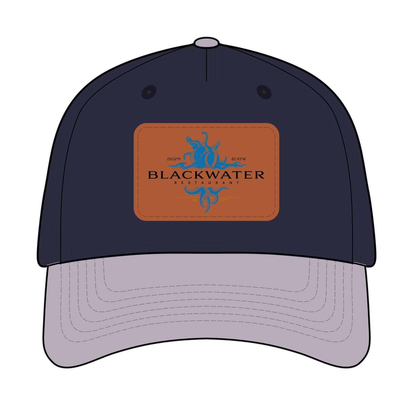 Leather Patch Baseball Cap — "Blackwater" Logo Trucker Hat