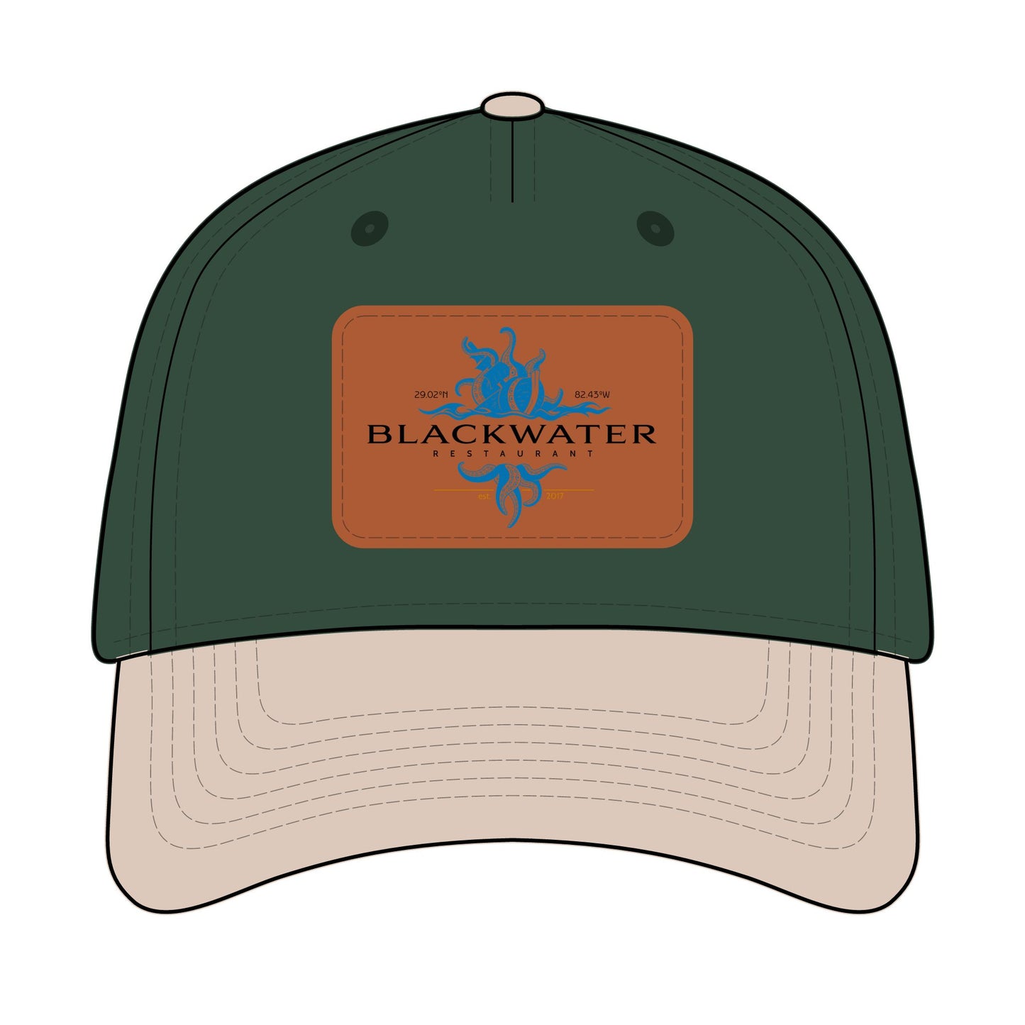 Leather Patch Baseball Cap — "Blackwater" Logo Trucker Hat