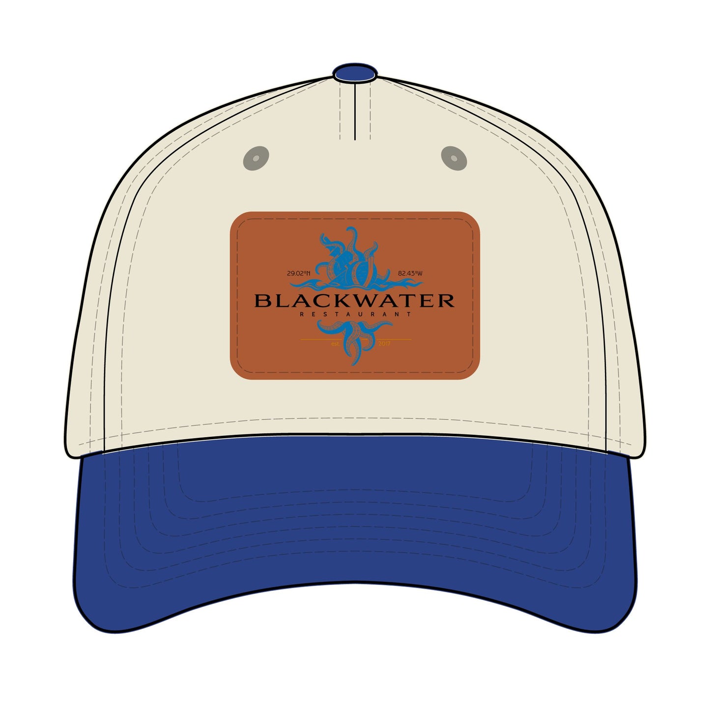 Leather Patch Baseball Cap — "Blackwater" Logo Trucker Hat