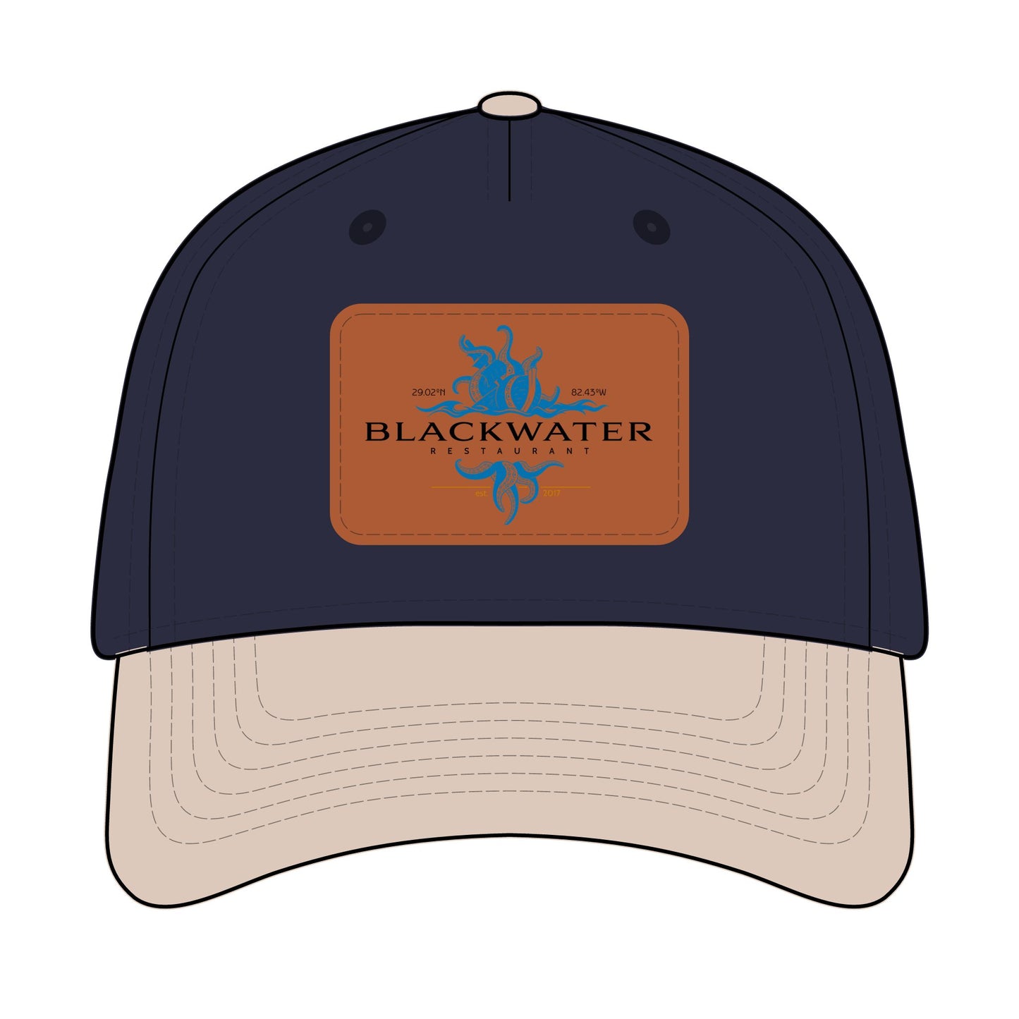 Leather Patch Baseball Cap — "Blackwater" Logo Trucker Hat