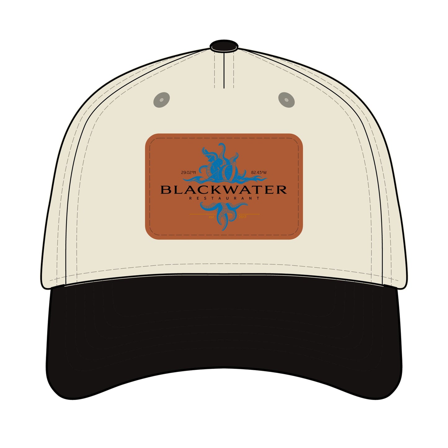 Leather Patch Baseball Cap — "Blackwater" Logo Trucker Hat