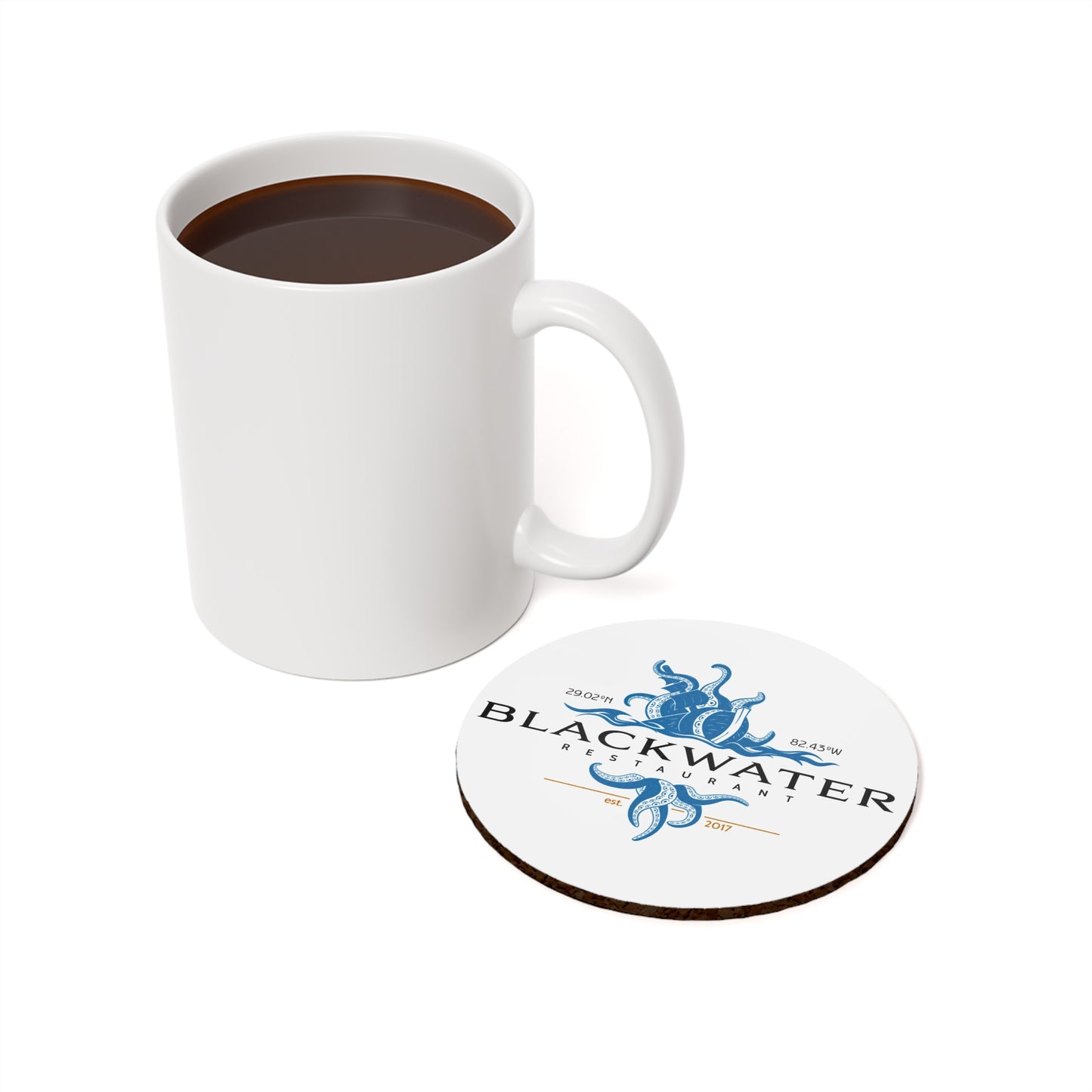 Blackwater Restaurant Cork-Back Coaster — Nautical Octopus Logo Drink Mat