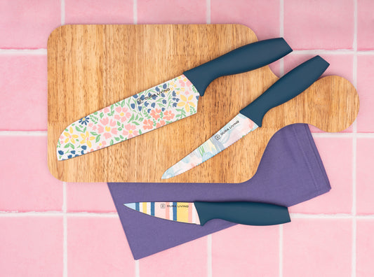 Artistic Edge Floral 3-Piece Knife Set with 7-inch Santoku knife, 5-inch Utility knife  and 3.5-inch Paring knife for a premium Southern-style kitchen