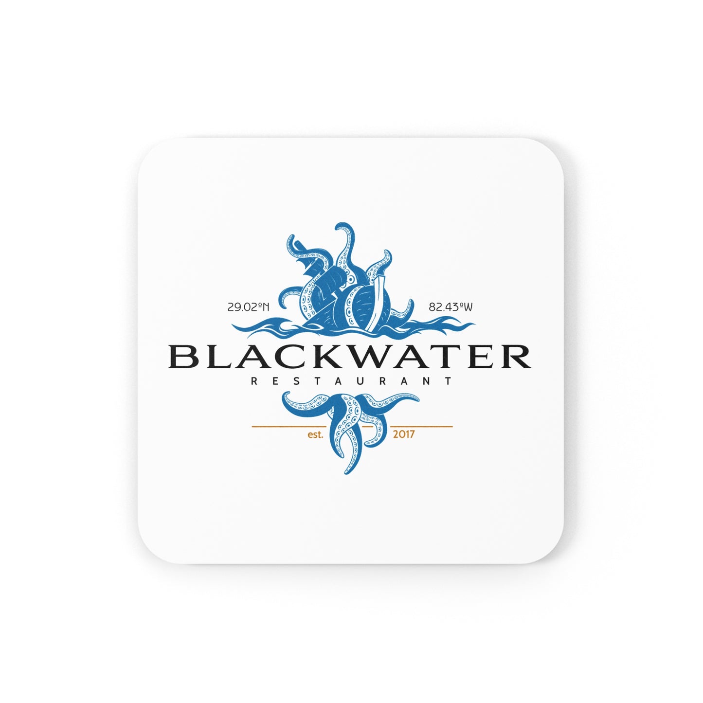 Blackwater Restaurant Cork-Back Coaster — Nautical Octopus Logo Drink Mat
