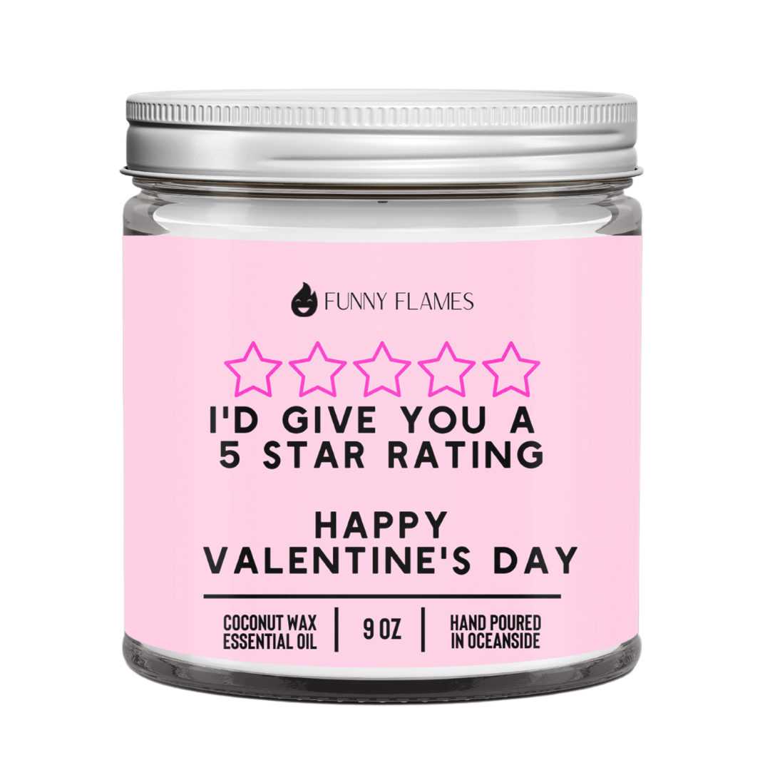 Candle jar with pink label and 'Funny Flames' branding on a white background