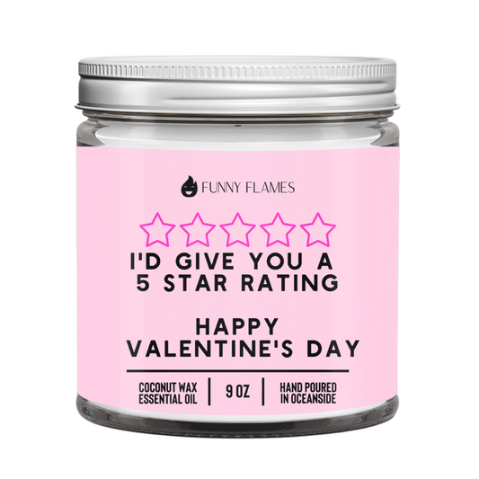 Candle jar with pink label and 'Funny Flames' branding on a white background