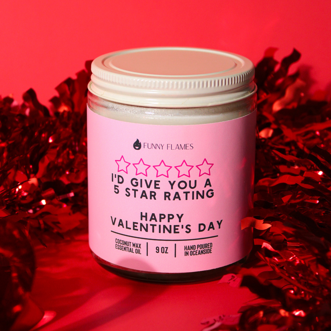 Pink candle jar with text on a red background