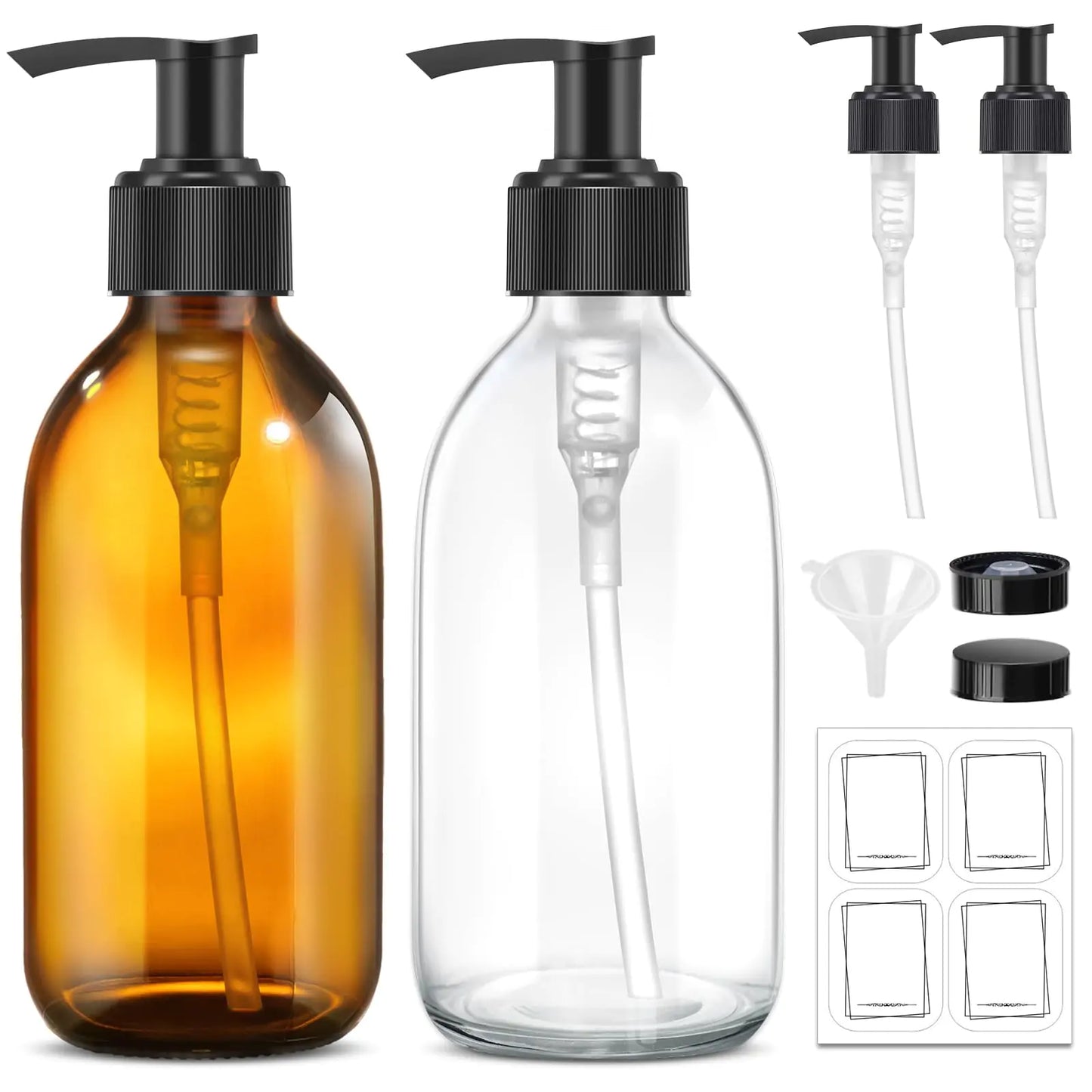 8 oz Glass Bottle with Black Pump 2 Pack 250ml Clear Soap Dispenser Refillable for Kitchen