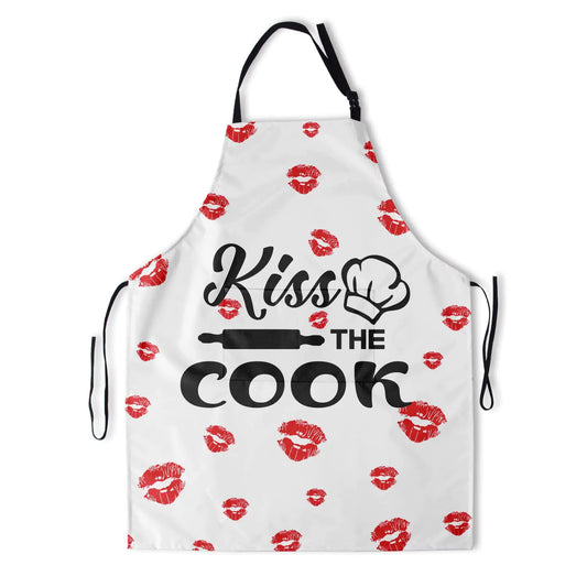 Apron with 'Kiss the Cook' text and red lipstick prints on a white background