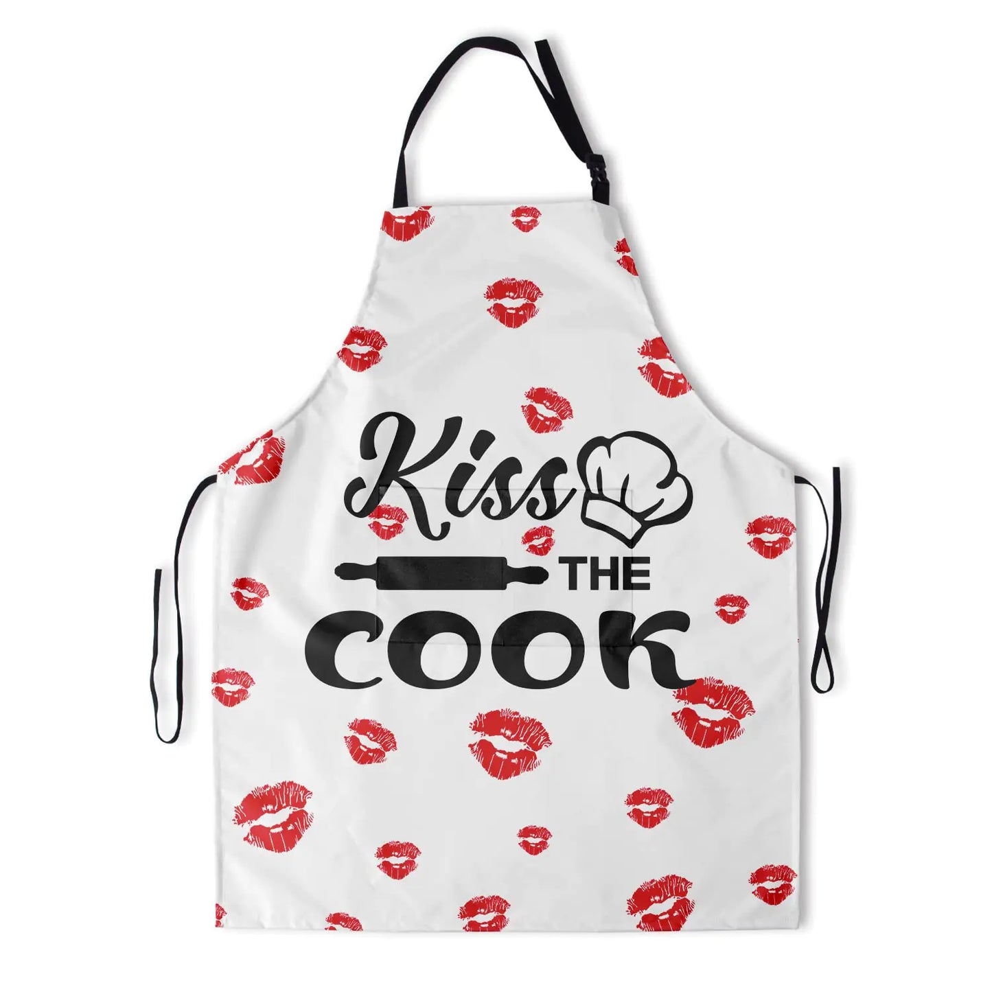 Apron with 'Kiss the Cook' text and red lipstick prints on a white background