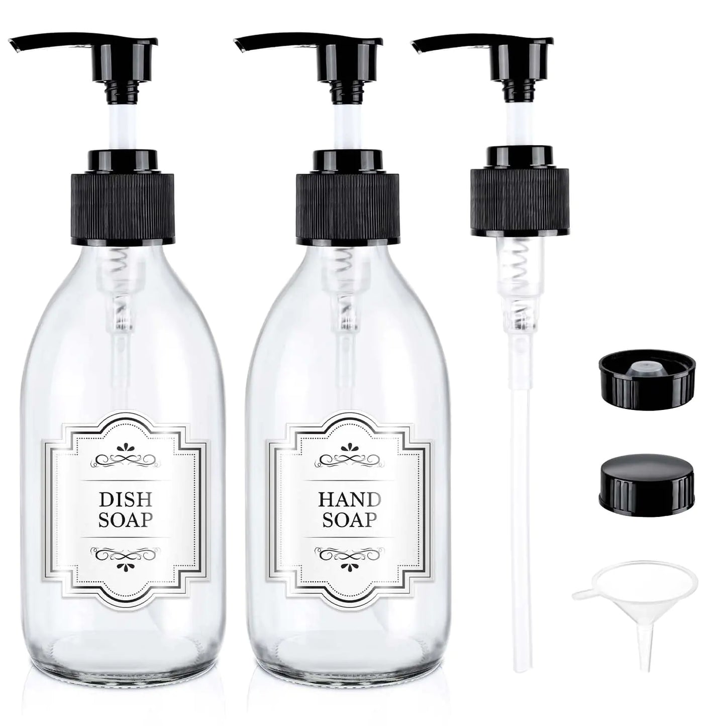 8 oz Glass Bottle with Black Pump 2 Pack 250ml Clear Soap Dispenser Refillable for Kitchen