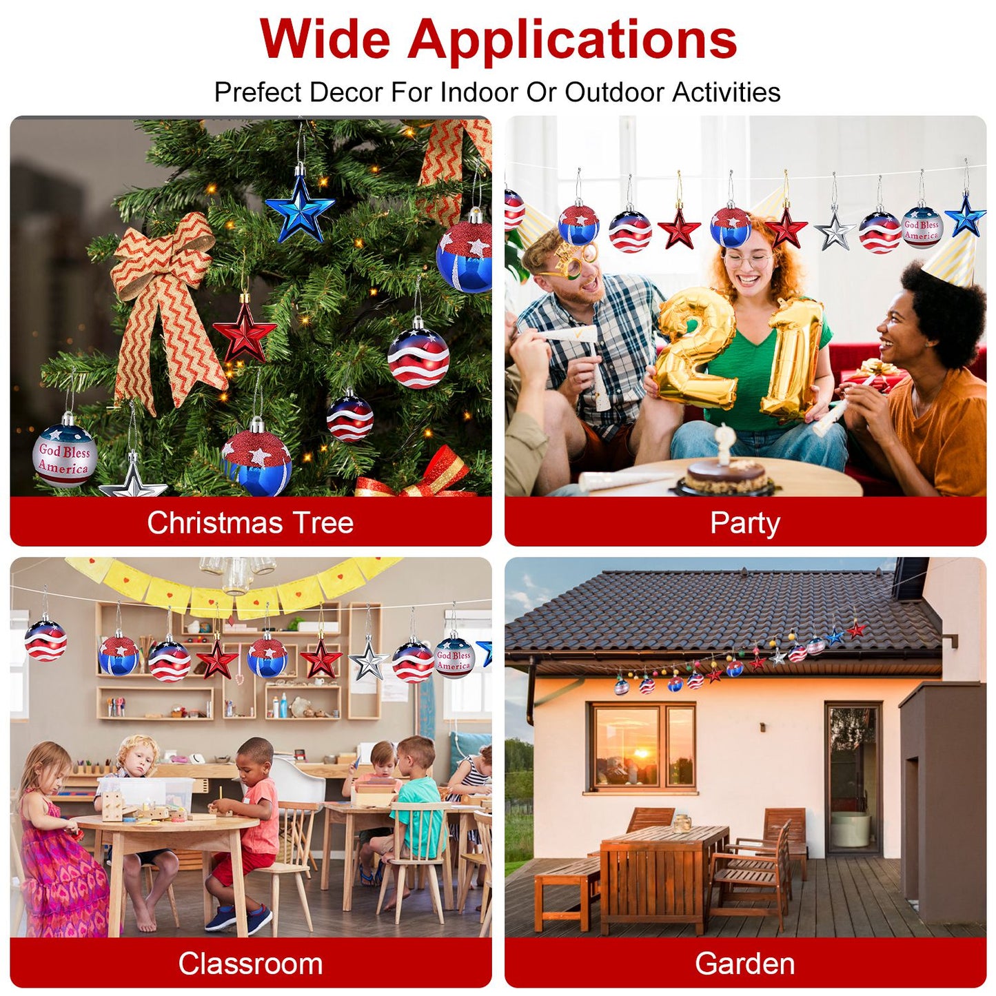 24Pcs Set Hanging Ornaments Ball Star Patriotic Festival Party Decor Independence Day 4th Of July Christmas Tree Wall Indoor Outdoor Decoration