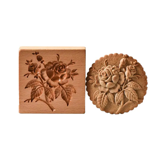 Wooden Gingerbread Cookie Mold with Rose Flower Design
